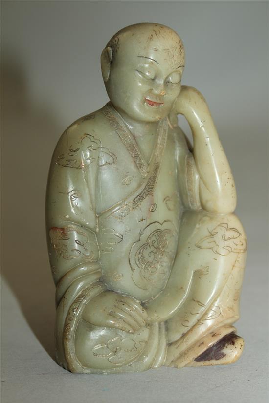 A Chinese soapstone seated figure of a luohan, 17th / 18th century, 10.5cm